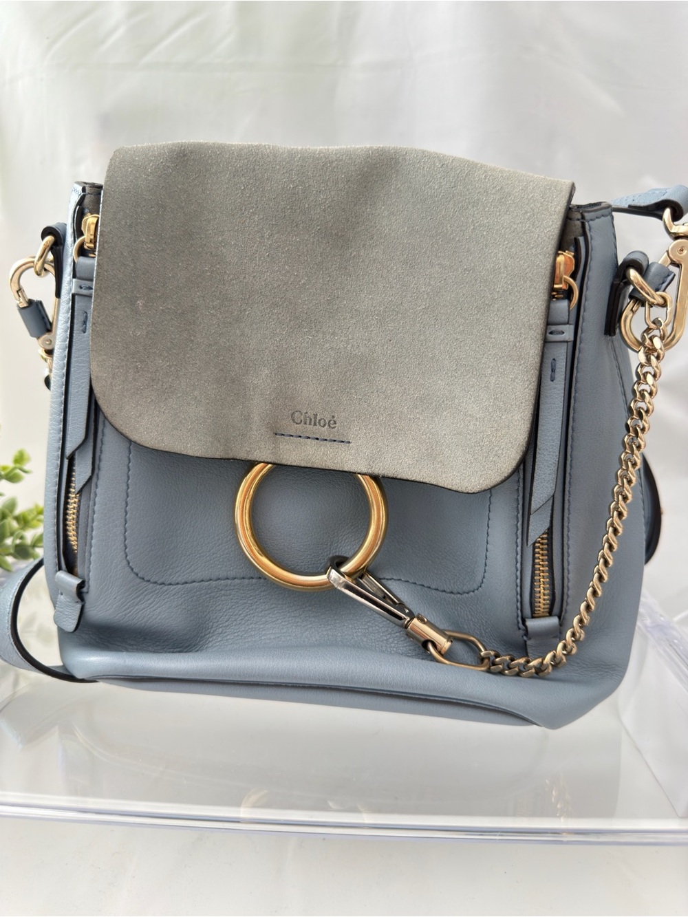 Chloé Shoulder Bag in Steel Blue with Gray Suede Flap